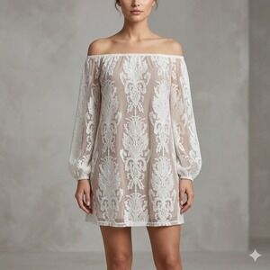 For Love & Lemons White Lace Damask Off Shoulder Mini Dress Nude Lining Medium